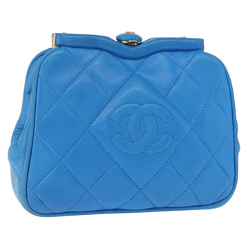CHANEL Matelasse COCO Mark Pouch Lamb Skin Blue Gold CC Auth 154906
