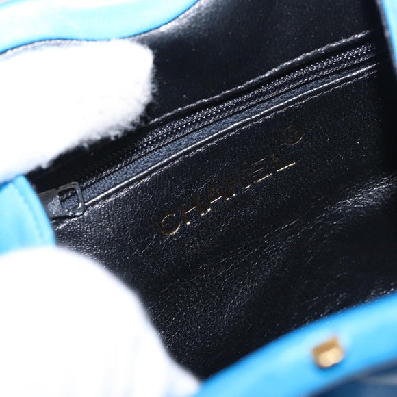 CHANEL Matelasse COCO Mark Pouch Lamb Skin Blue Gold CC Auth 154906
