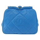 CHANEL Matelasse COCO Mark Pouch Lamb Skin Blue Gold CC Auth 154906-2