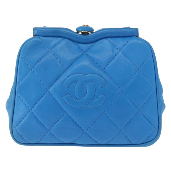CHANEL Matelasse COCO Mark Pouch Lamb Skin Blue Gold CC Auth 154906