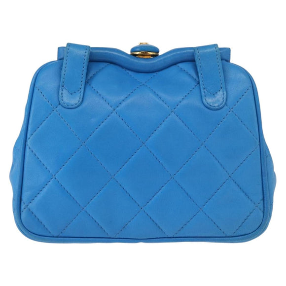 CHANEL Matelasse COCO Mark Pouch Lamb Skin Blue Gold CC Auth 154906
