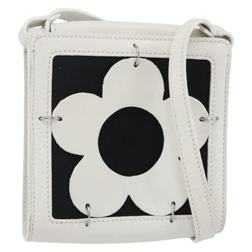 CELINE Flower Shoulder Pouch Leather White Silver Auth 154908