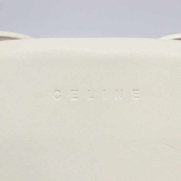 CELINE Flower Shoulder Pouch Leather White Silver Auth 154908