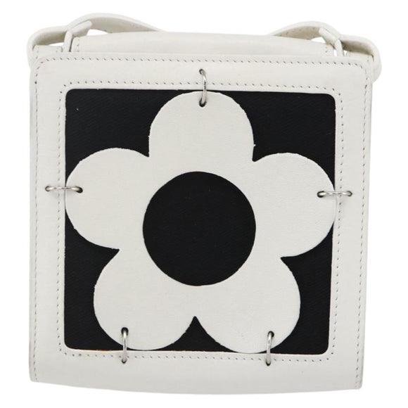 CELINE Flower Shoulder Pouch Leather White Silver Auth 154908