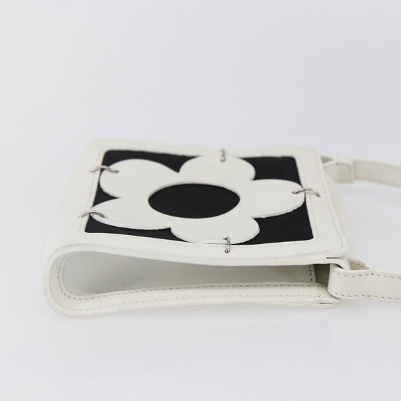 CELINE Flower Shoulder Pouch Leather White Silver Auth 154908