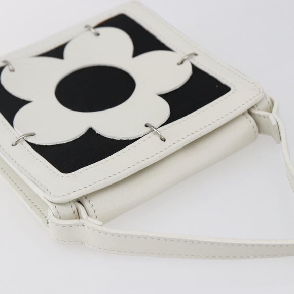 CELINE Flower Shoulder Pouch Leather White Silver Auth 154908
