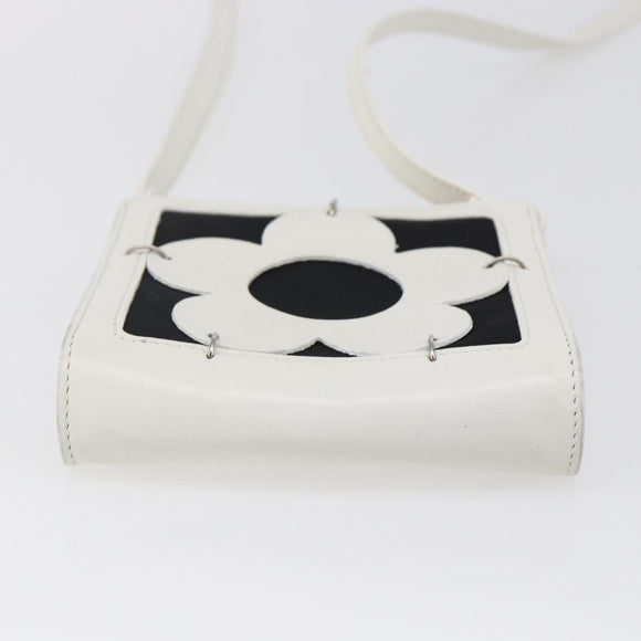 CELINE Flower Shoulder Pouch Leather White Silver Auth 154908