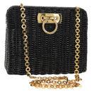 Salvatore Ferragamo Chain Gancini Shoulder Bag Rattan Black Gold Auth 154910V-1