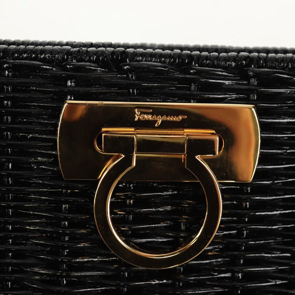 Salvatore Ferragamo Chain Gancini Shoulder Bag Rattan Black Gold Auth 154910V