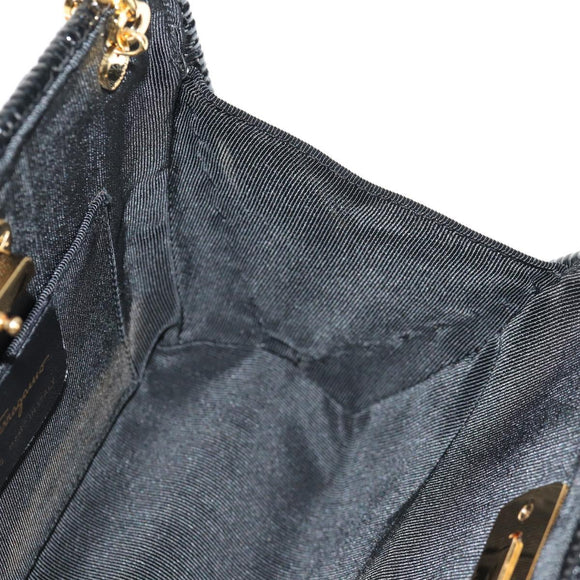 Salvatore Ferragamo Chain Gancini Shoulder Bag Rattan Black Gold Auth 154910V