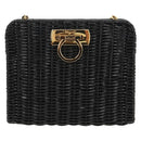 Salvatore Ferragamo Chain Gancini Shoulder Bag Rattan Black Gold Auth 154910V-2