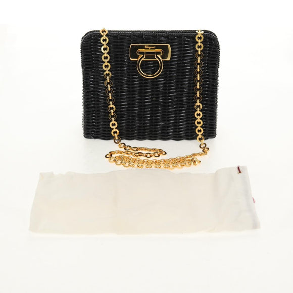 Salvatore Ferragamo Chain Gancini Shoulder Bag Rattan Black Gold Auth 154910V