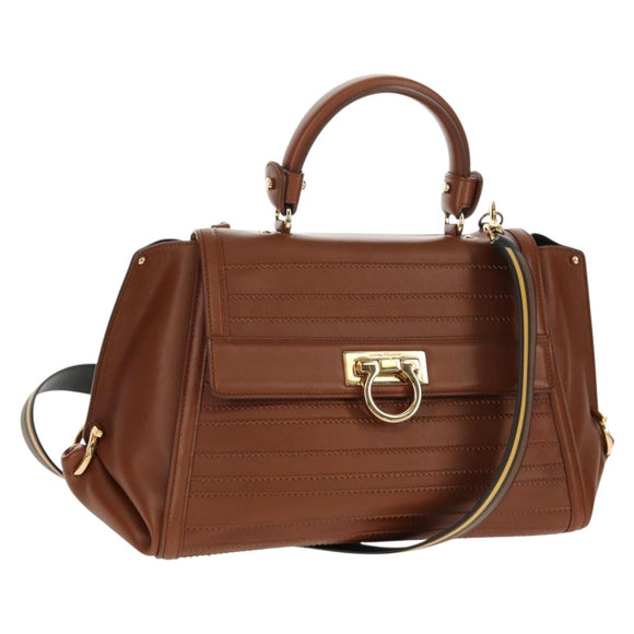 Salvatore Ferragamo Gancini Small Sofia Bag Leather 2way Brown Gold Auth 154911V