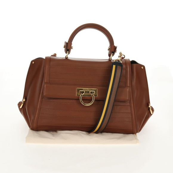 Salvatore Ferragamo Gancini Small Sofia Bag Leather 2way Brown Gold Auth 154911V