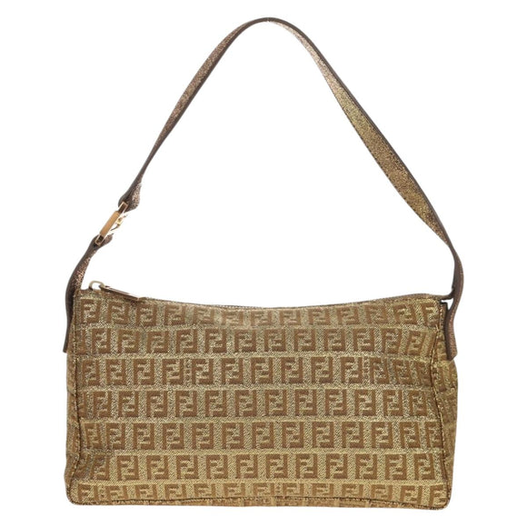 FENDI Zucchino Canvas Shoulder Bag Gold Auth 154915SAM
