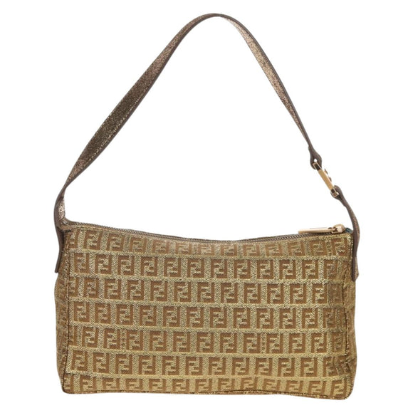 FENDI Zucchino Canvas Shoulder Bag Gold Auth 154915SAM