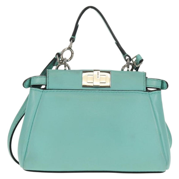 FENDI Micro Peek A Boo Hand Bag Leather 2way Turquoise Blue Silver Auth 154920V