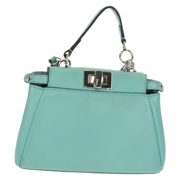 FENDI Micro Peek A Boo Hand Bag Leather 2way Turquoise Blue Silver Auth 154920V