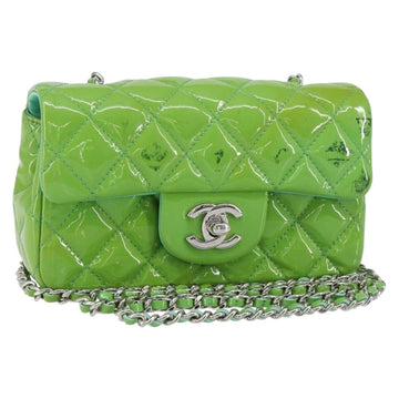 CHANEL Extra Mini Matelasse Chain Bag Patent leather Green Silver CC Auth 154929