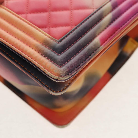 CHANEL Boy Chanel Medium Chain Bag Lamb Skin Orange Silver CC Auth 154930V