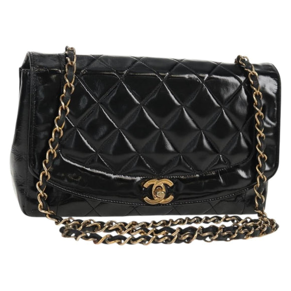 CHANEL Matelasse Chain Diana Bag Patent leather Black Gold CC Auth 154931V