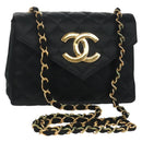 CHANEL Matelasse Chain Shoulder Bag Satin Black Gold CC Auth 154932SAV-1