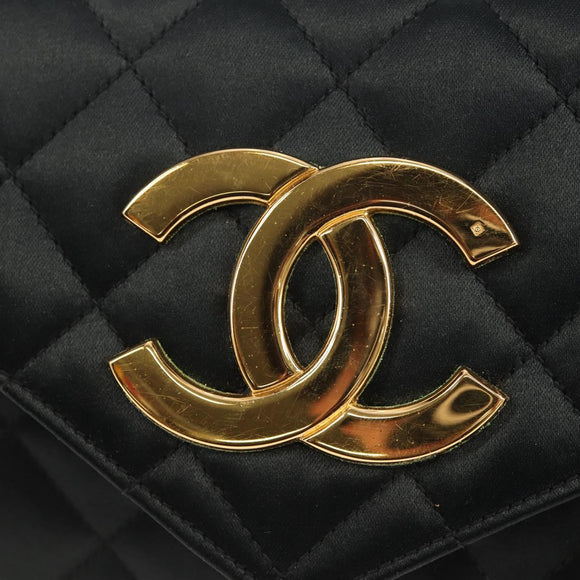 CHANEL Matelasse Chain Shoulder Bag Satin Black Gold CC Auth 154932SAV