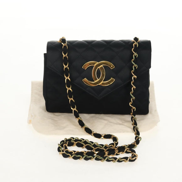CHANEL Matelasse Chain Shoulder Bag Satin Black Gold CC Auth 154932SAV