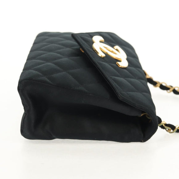 CHANEL Matelasse Chain Shoulder Bag Satin Black Gold CC Auth 154932SAV