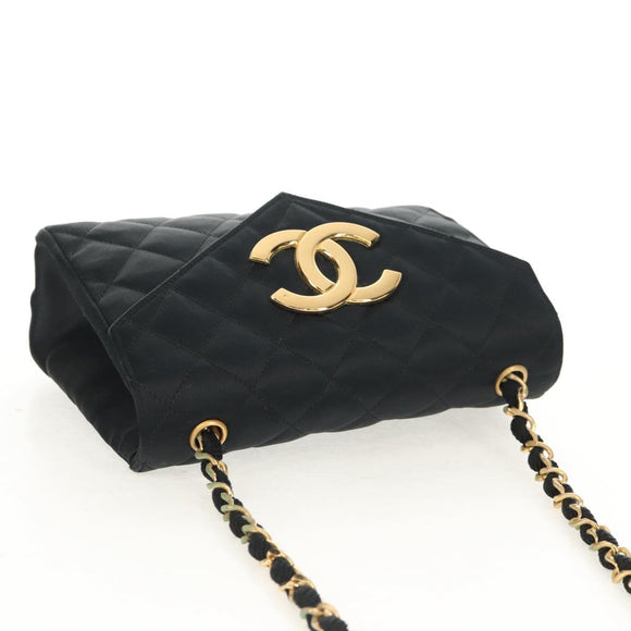 CHANEL Matelasse Chain Shoulder Bag Satin Black Gold CC Auth 154932SAV