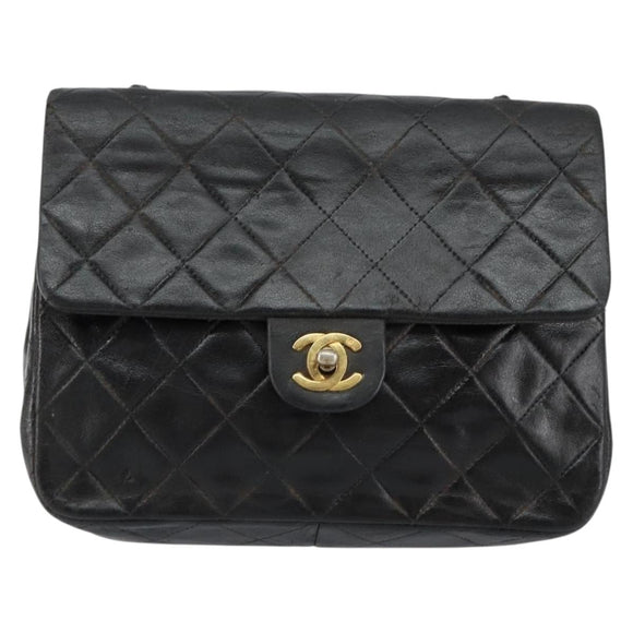 CHANEL Mini Matelasse Chain Shoulder Bag Leather Black Gold CC Auth 154933