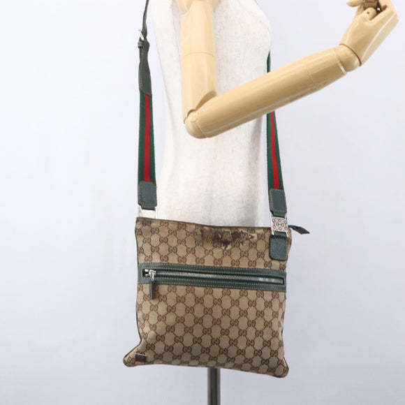 GUCCI GG Canvas Web Sherry Line Shoulder Bag Beige Red Green 145809 Auth 155064