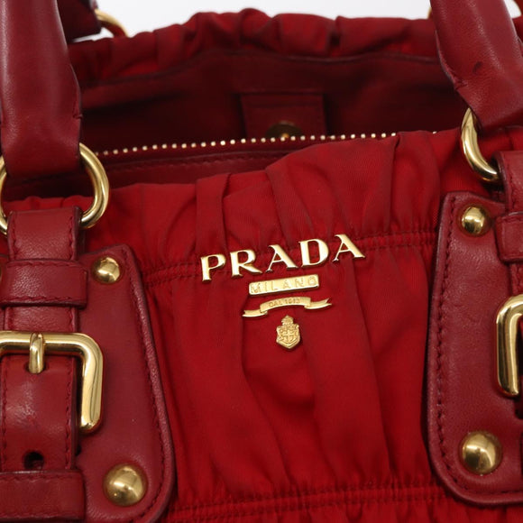 PRADA Hand Bag Nylon Leather 2way Red Gold Auth 155077