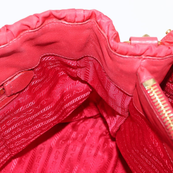 PRADA Hand Bag Nylon Leather 2way Red Gold Auth 155077