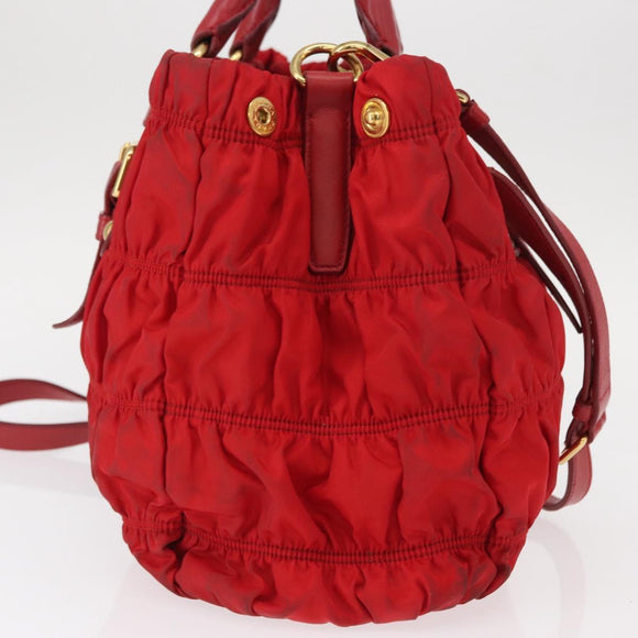 PRADA Hand Bag Nylon Leather 2way Red Gold Auth 155077