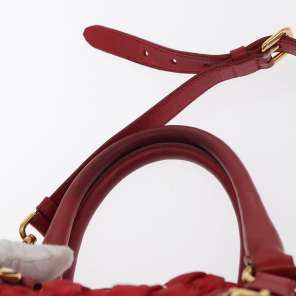PRADA Hand Bag Nylon Leather 2way Red Gold Auth 155077