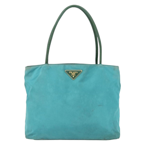 PRADA Tote Bag Nylon Turquoise Blue Gold Auth 155080