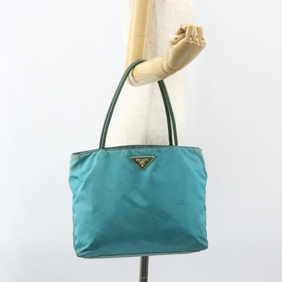 PRADA Tote Bag Nylon Turquoise Blue Gold Auth 155080