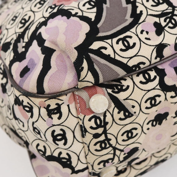 CHANEL Tote Bag Canvas Leather Beige Silver CC Auth 155092