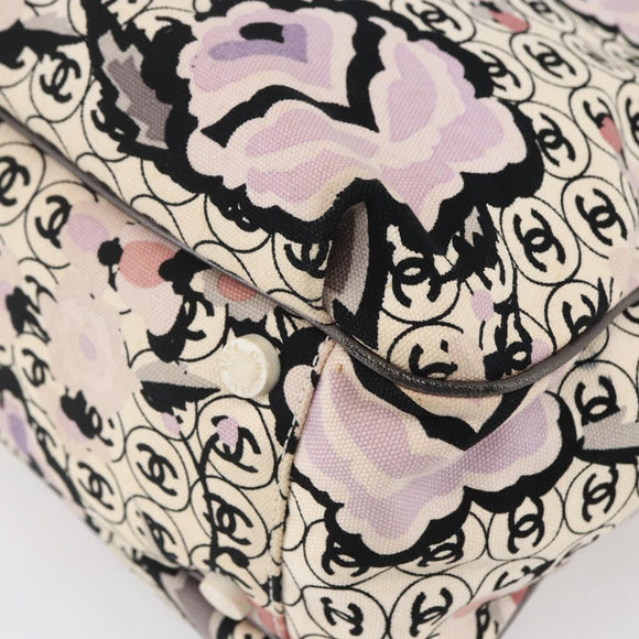 CHANEL Tote Bag Canvas Leather Beige Silver CC Auth 155092