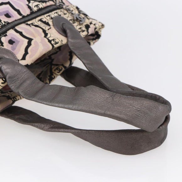 CHANEL Tote Bag Canvas Leather Beige Silver CC Auth 155092