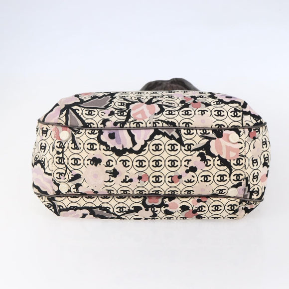 CHANEL Tote Bag Canvas Leather Beige Silver CC Auth 155092