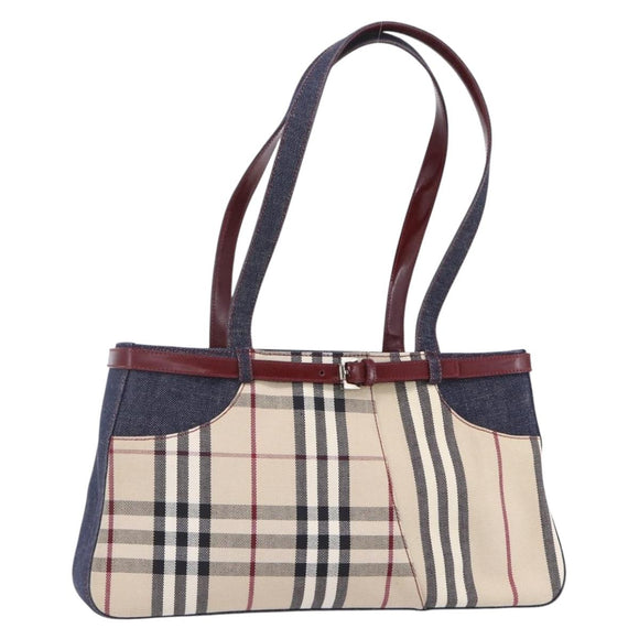 BURBERRY Nova Check Tote Bag Denim Blue Beige Silver Auth 155109