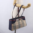 BURBERRY Nova Check Tote Bag Denim Blue Beige Silver Auth 155109-20