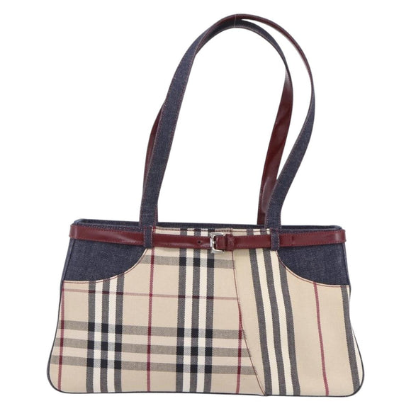BURBERRY Nova Check Tote Bag Denim Blue Beige Silver Auth 155109