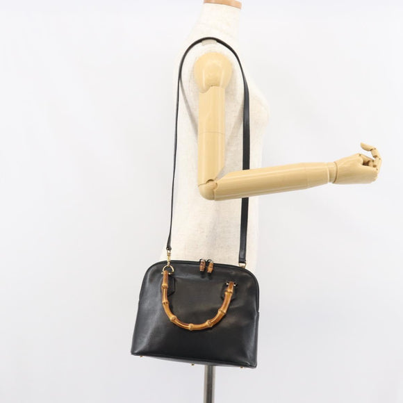 GUCCI Bamboo Hand Bag Leather 2way Black 000 1046 0290 Auth 155198
