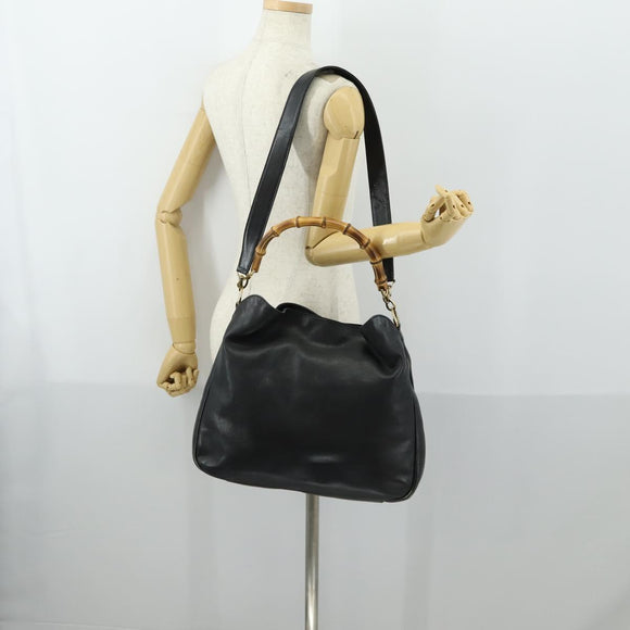 GUCCI Bamboo Hand Bag Leather 2way Black Gold 001 2854 1577 Auth 155217