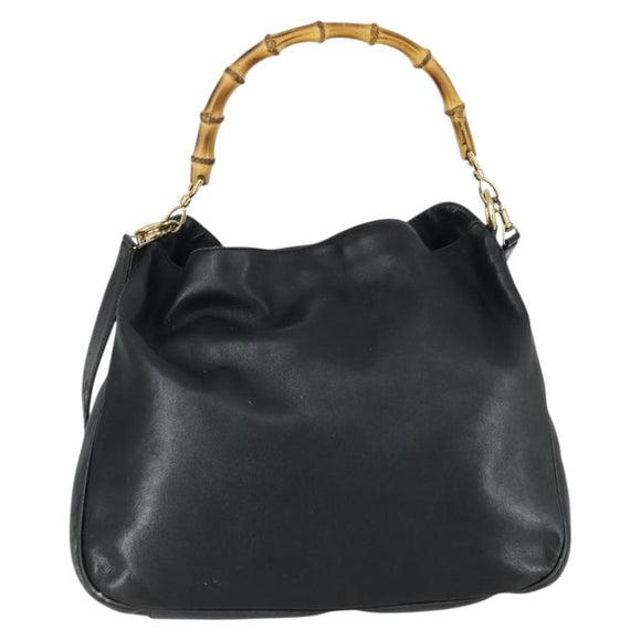 GUCCI Bamboo Hand Bag Leather 2way Black Gold 001 2854 1577 Auth 155217