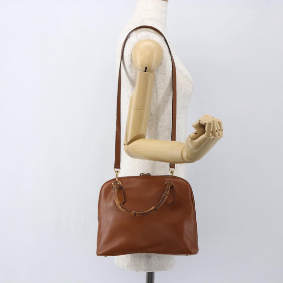 GUCCI Bamboo Hand Bag Leather 2way Brown Gold 000 1274 0290 Auth 155221