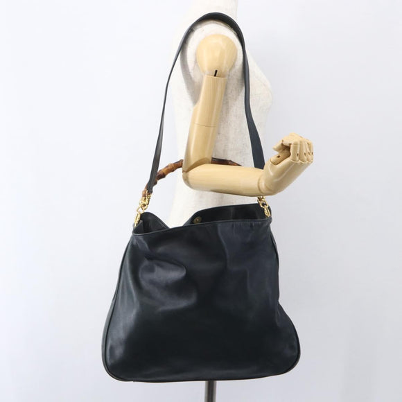 GUCCI Bamboo Hand Bag Leather 2way Black Gold 001 1014 1577 Auth 155231